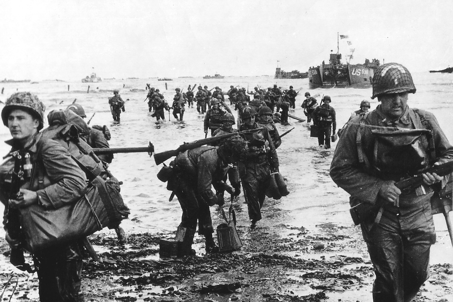 Handout photo of U.S. reinforcements landing on Omaha beach during the Normandy D-Day landings near Vierville sur Mer